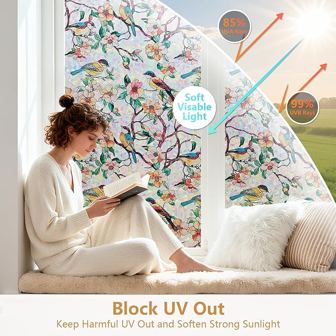 Kromapolis Window Privacy Film, Stained Glass Sticker Floral Window Clings, Decorative Static Clings UV Blocking Colorful Decals, Removable Vinyl Covering Rainbow Camellia, 35.4'' x 157.4''
