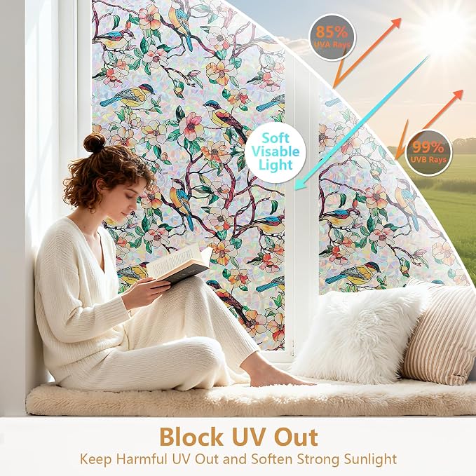 Kromapolis Window Privacy Film, Stained Glass Sticker Floral Window Clings, Decorative Static Clings UV Blocking Colorful Decals, Removable Vinyl Covering Rainbow Camellia, 23.6'' x 157.4''