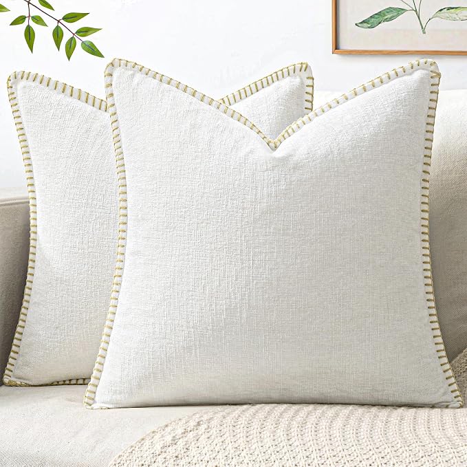 MIULEE Pack of 2 Pillow Covers 18x18 Inch Pure White Farmhouse Decorative Throw Pillow Covers with Stitched Edge Soft Chenille Solid Dyed Couch Pillow Covers for Sofa Bed Living Room