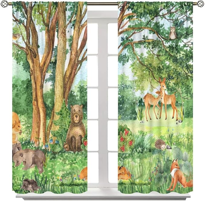 YCness Forest Animal Curtains, Watercolor Wild Animal Bear Fox Deer Kids Window Treatments for Living Room Bedroom,Green Woodland Tree Kids Drapes 2 Panel Sets,42x63 Inch