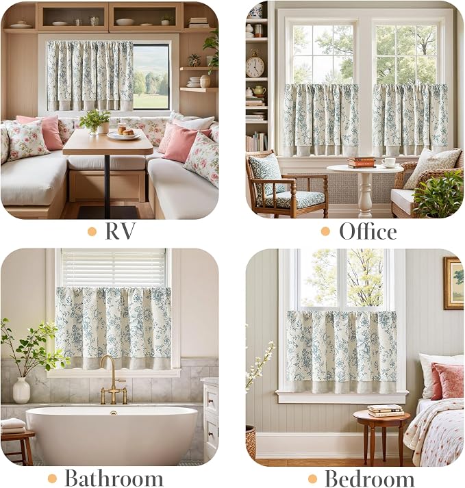 jinchan Linen Kitchen Curtain 36 Inch French Floral Double Layer Curtain Farmhouse Vintage Tier Drape Rustic Half Window Curtain for Living Room Window Treatment Rod Pocket 1 Panel Blue on Beige