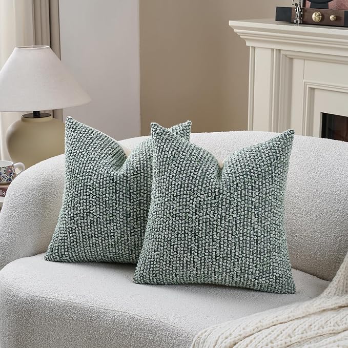 DEZENE Striped Throw Pillow Covers 16x16 Set of 2 Green Textured Boucle Chic Morden Boho Accent Farmhouse Square Decorative Couch Pillow Covers for Home Decor Bed Sofa Living Room