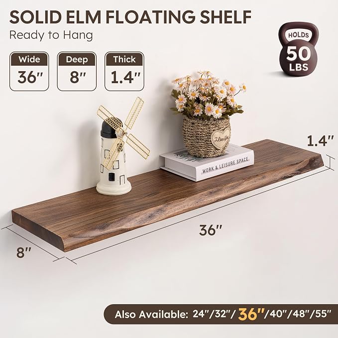 Live Edge Floating Shelves Set of 2, 36 Inch Solid Elm Wood Wall Shelves - Invisible Bracket Mount for Living Room, Bedroom, Kitchen, Bathroom |Vintage Rustic Decor