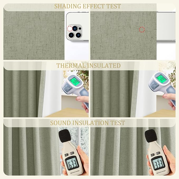 Jowels Sage Green Linen Blackout Curtains 72 Length 2 Panels Set for Living Room Bedroom, 100% Black Out Thermal Insulated Linen Drapes, Room Darkening Grommet Curtains 72 Inches Long