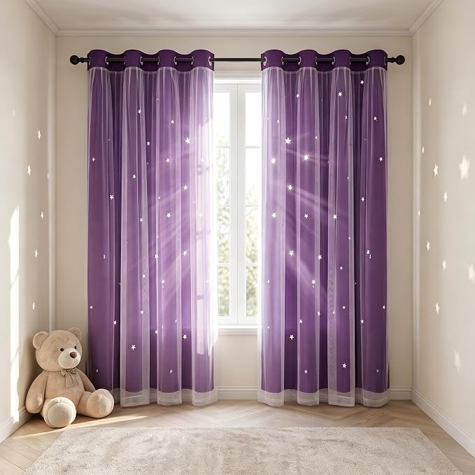 Star Cutout Blackout 95 Inches Curtains Double Layer with Sheer Overly Curtains for Bedroom Thermal Insulated Window Treatment Set with 2 Free Tiebacks (52W x 95L 2 Panels Purple)
