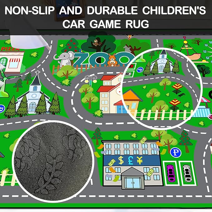 Kids Car Rug Play Mat 100×150cm (39×59 Inch), City Road Play Rug for Toddlers, Washable Non-Slip Car Track Playmat for Playroom, Bedroom, Nursery, Educational Floor Rugs for Kids, 3x5 Feet