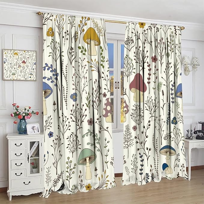Mushroom Curtains,Colorful Plant Forest Botanical Print Window Treatments for Bedroom Living Room Kitchen Cartoon Herbs Floral Window Drapes 2 Panels Set,Total Size 55 x 63 Inch