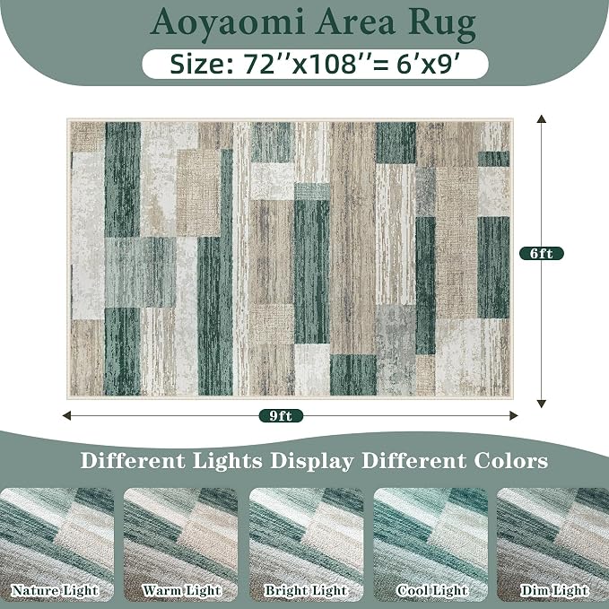Area Rug for Living Room 6x9: Large Washable Boho Moroccan Rugs Geometric Neutral Rug, Non-Slip Foldable Morden Farmhouse Indoor Floor Carpet for Bedroom Dining Table Home (Green,6'x9')