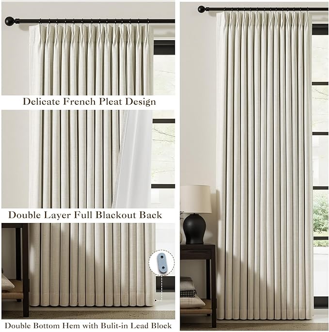Natural Linen Blend Pinch Pleated 100% Blackout Curtains for Bedroom - 2 Pages Black Out Curtains 120 Inch Long 2 Panel for Living Room Darkening Thermal Window Curtain Drapes with 16pc Hooks, Thick
