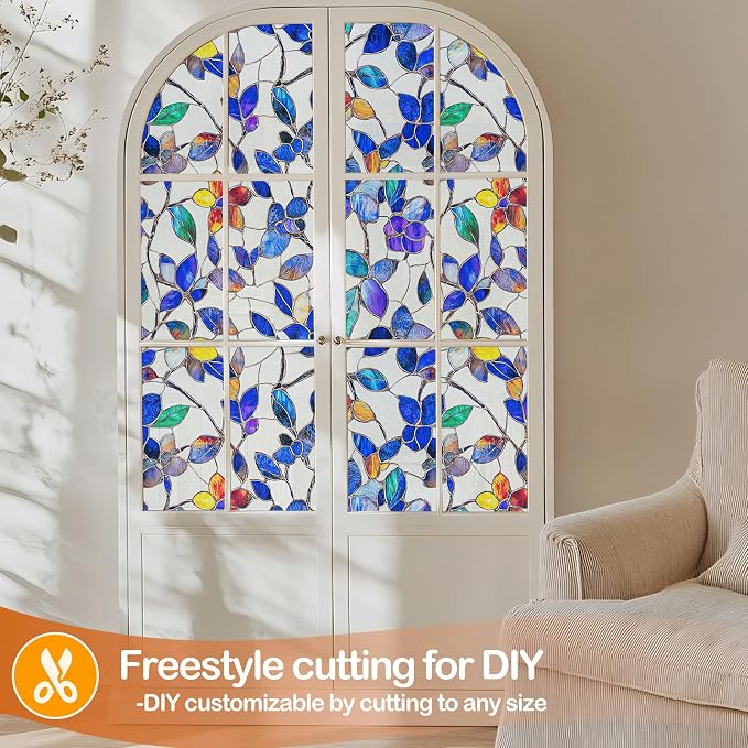 Countewol Colorful Leaf Static Cling Window Film Frosted Stained Glass Privacy Anti-Glare UV Protection for Home & Bathroom (Textured Stained Leaf, 17.5 x 78.7 in)