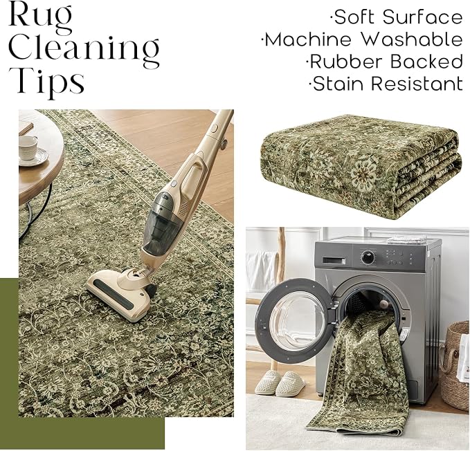 BILEEHOME Washable 6x9 Area Rugs for Bedroom Aesthetic,Cozy Soft Neutral Distressed Floral Dark Olive Green Decor Vintage Boho Rug for Living Room Bed Room Dining Room