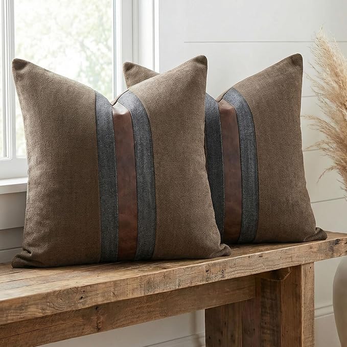 Set of 2 Leather Throw Pillow Covers Cotton Linen Decor Patchwork Pillow Cover Faux Leather Pillows Cover for Couch Sofa Living Room Bedroom,Dark Coffee 16"x16"