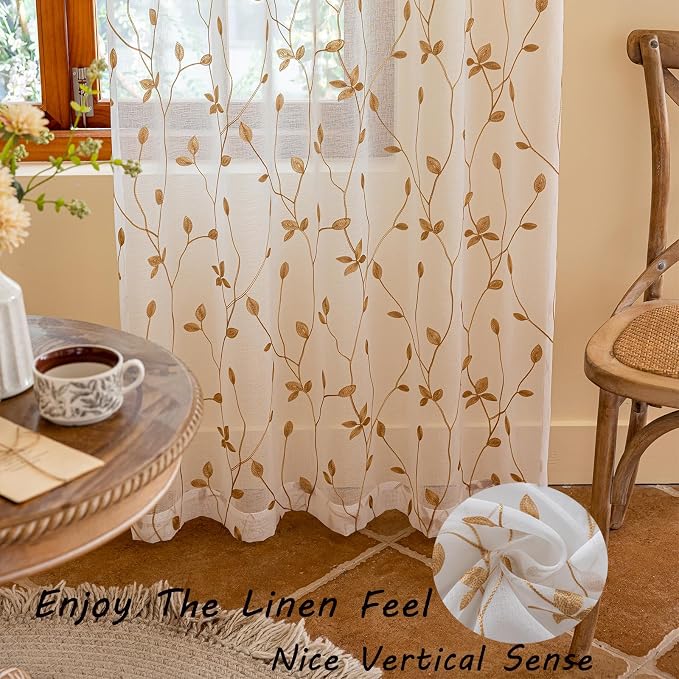 AmHoo 2 Panels Embroidered Leaf Pattern Semi Sheer Curtains Foliage Floral Voile Window Draperies Treatment for Bedroom Living Room Rod Pocket White Taupe 53 x 63 Inch