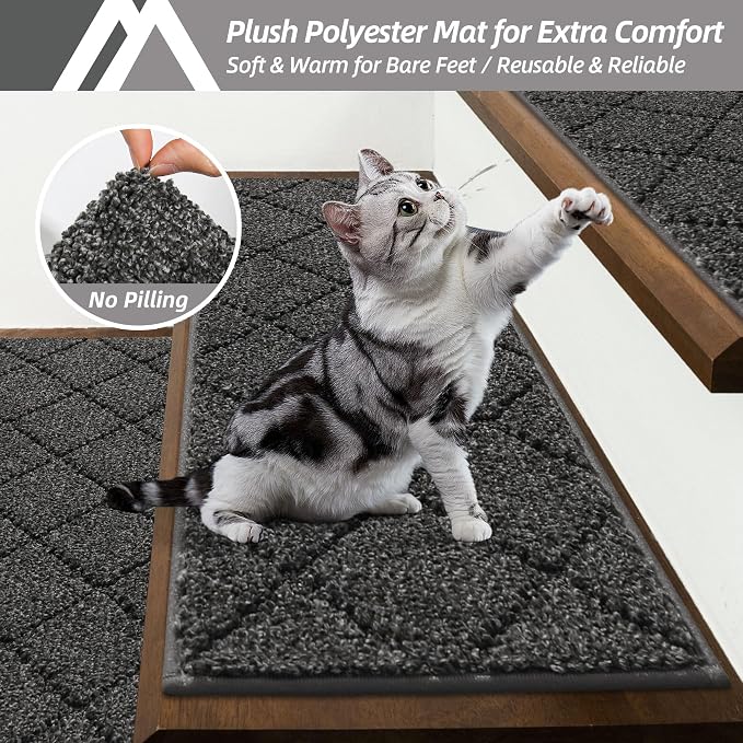 COSY HOMEER Edging Stair Treads Non-Slip Carpet Mat 28inX9in Indoor Stair Runners for Wooden Steps, Edging Stair Rugs for Kids and Dogs, 100% Polyester TPE Backing (7pc, Black,)