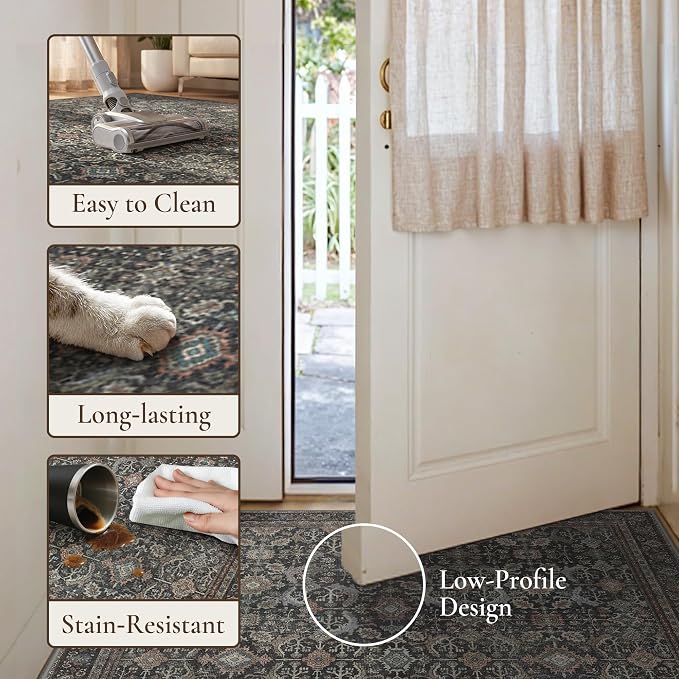 GENIMO 8x10 Area Rugs for Living Room, Machine Washable Non Slip Vintage Rugs, Low Pile Lightweight Chenille Print Rug for Bedroom, Dining Room, Home Office, Black