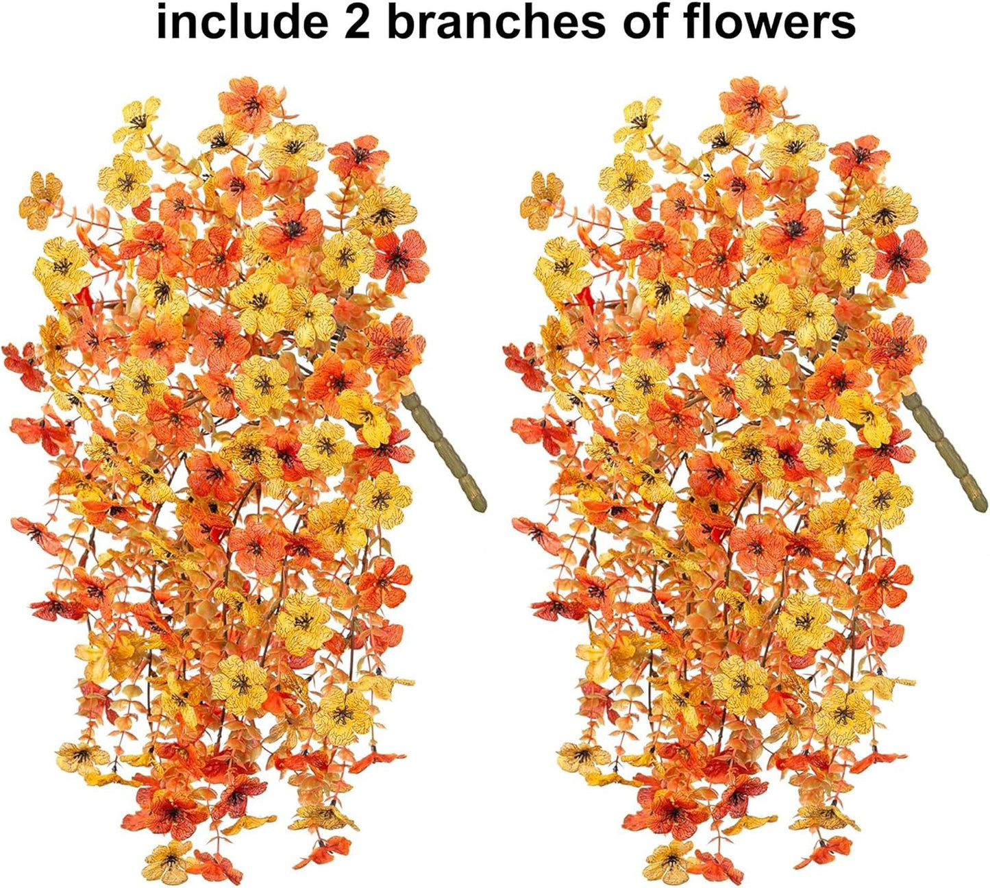 INSPRING Artificial Fall Flowers for Outdoors Decoration, 2Pcs Fake Fall Light Orange & Yellow Hanging Flowers, Faux Autumn Decor for Porch Patio Balcony Planter, Realistic Arrangement
