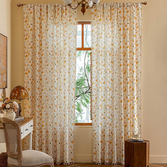 OYX Floral Boho Curtains 2 Panels Short 63 Inch Curtains Patterned Semi Sheer Living Room Drapes Farmhouse Boho Window Curtain Panels with Tassel Beige Rod Pocket Bedroom Drapes