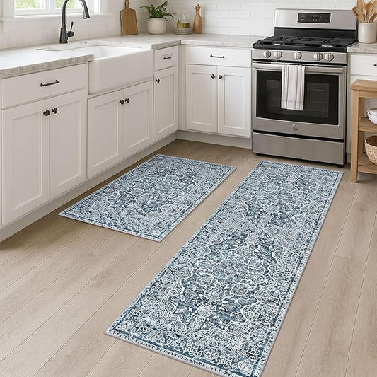 KUTA Vintage Washable Rug, 2PCS 2x3 and 2x6 Blue White Runners for Hallways Non-Slip Kitchen Area Rugs Ultra Soft Printed Distressed Floral Floor Carpet for Laundry Bedroom Living Room Nursery