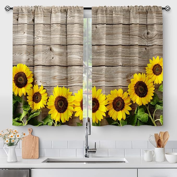 Aimego Wooden Barn Door Kitchen Curtains - Sunflower Rustic Country Wood Vintage Floral Short Cafe Tier Curtains Decor Farmhouse Retro Rod Pocket Window Drapes 24 Inch Length 2 Panel Set, 28"x24"