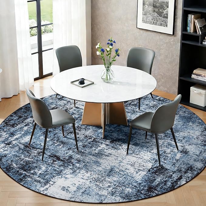 Rugflix Round Area Rugs 8Ft for Living Room, Washable Circle Rug Stain-Resistant Low Pile, Modern Dark Carpet for Bedroom Dining Room Home Office Kid Nursery Room, Navy Blue/Black