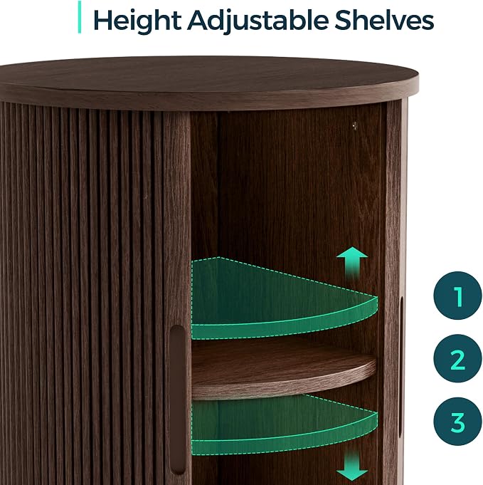 LINSY HOME Round Fluted End Table, Tall Side Table with Sliding Tambour Door and Storage Shelf, Modern Bedside Table, Mid-Century Nightstand for Living Room, Bedroom, Dark Walnut