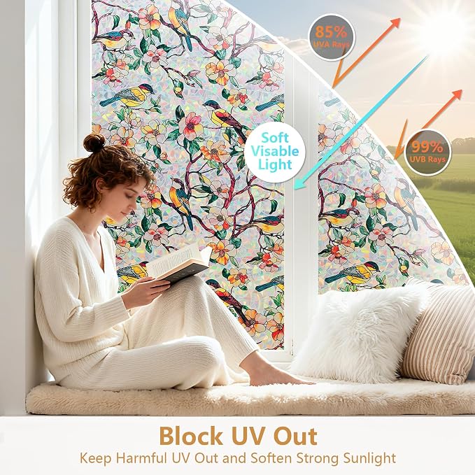 Kromapolis Window Privacy Film, Stained Glass Sticker Floral Window Clings, Decorative Static Clings UV Blocking Colorful Decals, Removable Vinyl Covering Rainbow Camellia, 29.5'' x 78.7''