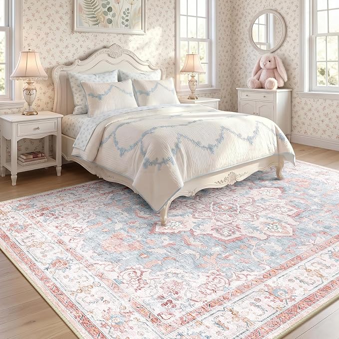 CAPALOCA Machine Washable Rugs Nursery Rug 5x7 Cute Girl Non Slip Low Pile Water Repellent Soft Print Pattern for Bedroom Indoor Decor Kids Playroom Pink Blue