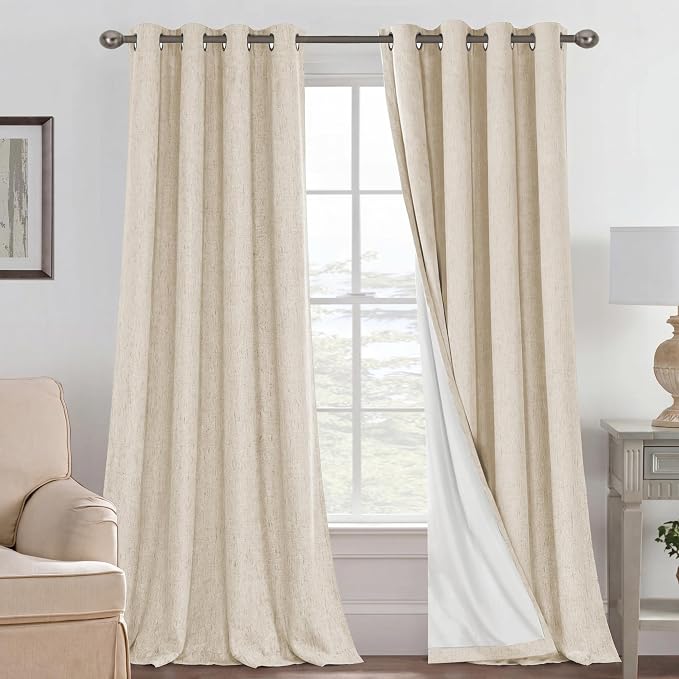 H.VERSAILTEX Blackout Curtains Linen Curtains 120 inches Long 100% Black Out Curtains for Bedroom Windows, Textured Linen Look Draperies Grommet with White Liner, 2 Panels, Bleached Sand