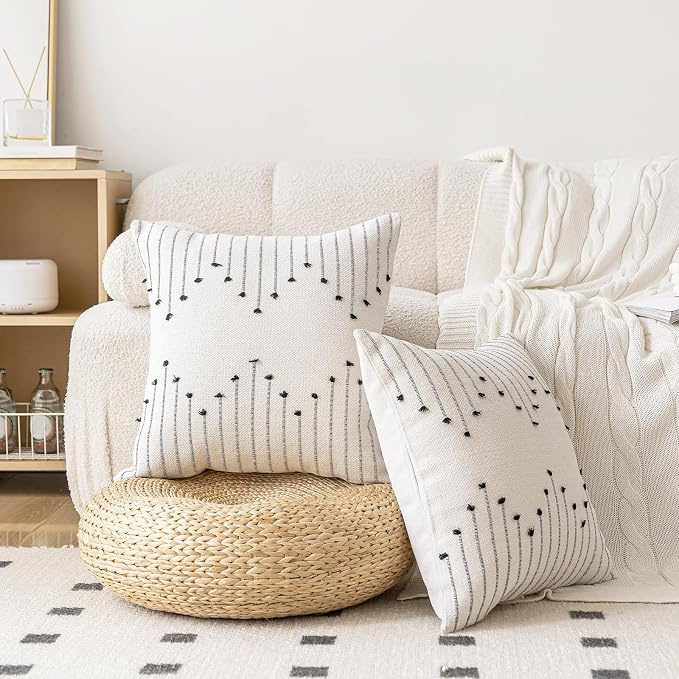 LILEPOY Boho Throw Pillow Covers 18x18 Set of 2 Neutral Decorative Textured Cushion Case Farmhouse Pillowcase Modern Square Pillow Covers for Sofa,Couch, Living Room,Beige and Black