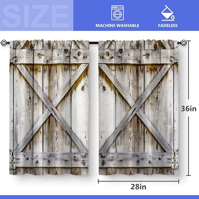 Aimego Farmhouse Country Wood Kitchen Curtains - Wooden Barn Door Vintage Short Tier Curtains Over Sink Natural Rustic Farm Decor Rod Pocket Window Drapes 36 Inch Length 2 Panel Set, 28"x36"