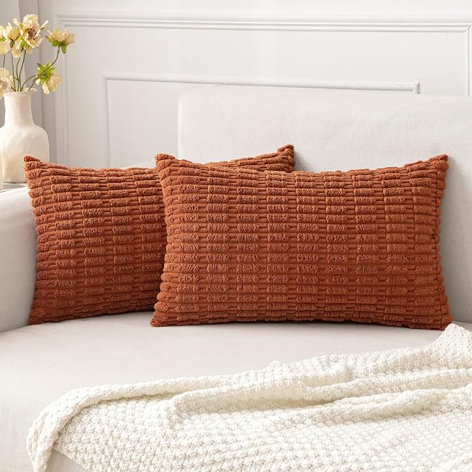 MIULEE Fall Pack of 2 Rust Corduroy Decorative Lumbar Pillow Covers 20x12 Inch Soft Boho Striped Throw Pillow Covers Modern Farmhouse Home Decor for Sofa Living Room Couch Bed