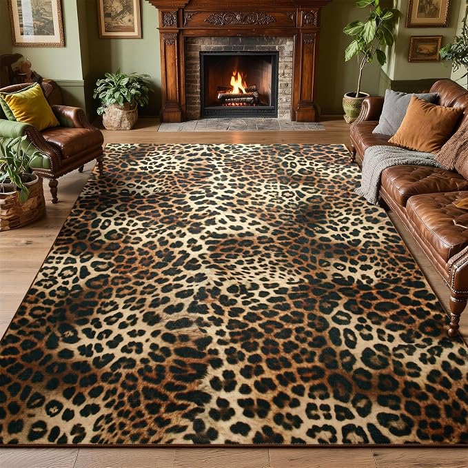 DweIke Leopard Rugs for Living Room, 6x9 Cheetah Print Rug for Bedroom Decor, Washable Non-Slip Stain Resistant Faux Animal Throw Carpet for Dining Room Office Western Home, Dark Brown