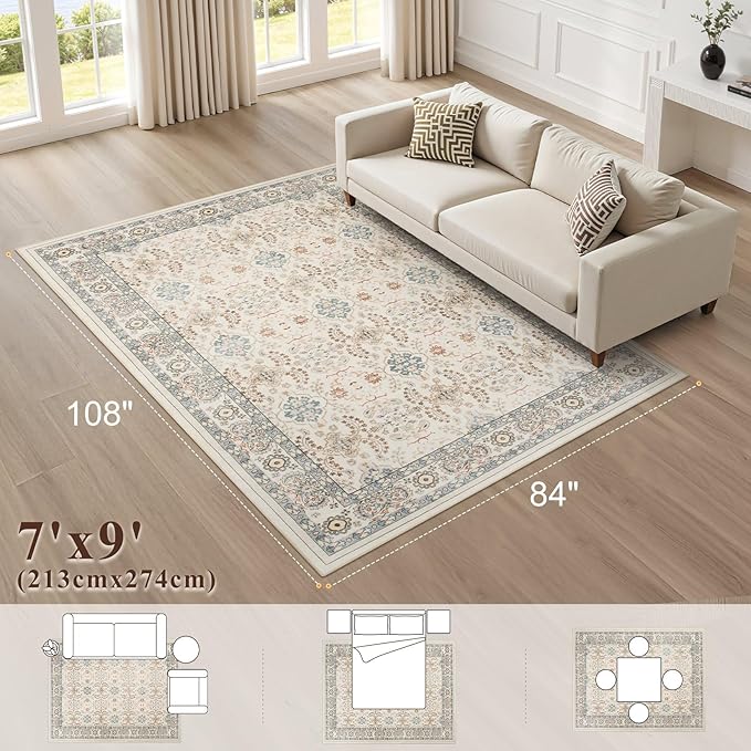 Vintage Living Room Area Rug 7x9 - Large Soft Washable Oriental Traditional Distressed Farmhouse Rugs for Bedroom - Indoor Floor Accent Carpet for Home Office House Decor - Multi