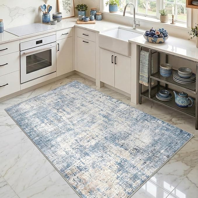 3x5 Area Rugs Washable Living Room Rug-No Slip Soft Carpets Modern Abstract Coastal Indoor Floor Stain Resistant Carpet for Bedroom Dining Room Farmhouse Nursery Home Office Blue