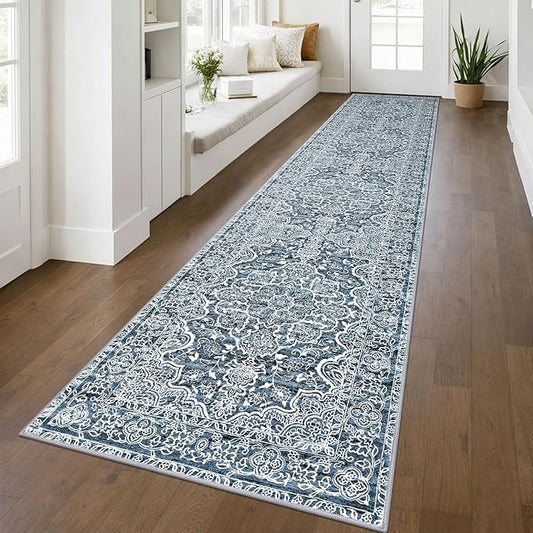 KUTA Vintage Floral Washable Runner Rug 2.6x12, Non-Slip Hallway Kitchen Rugs Blue White with Rubber Backing,Ultra Soft Printed Distressed Modern Extra Long 12ft Carpet Runners Indoor for Bedroom