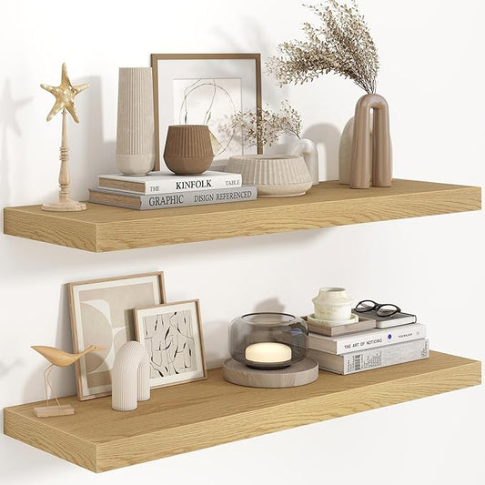 36 Inch Long Floating Shelves for Wall, 9.3 Inch Deep Floating Shelf with Heavy-Duty Bracket, 2 Pack Long Shelves for Bathroom, Living Room, Bedroom, Wall Mounted Storage Shelf for Books Decor, Oak