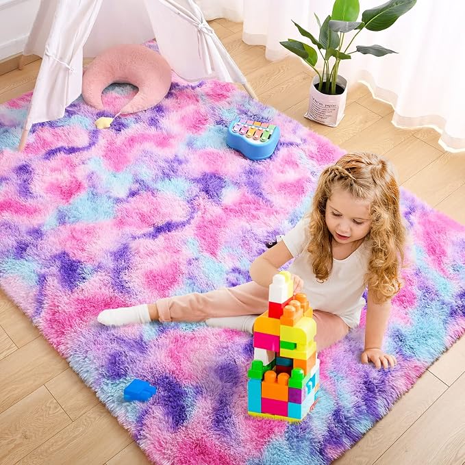 AROGAN Soft Rainbow Area Rugs for Girls Room 3x5 Feet, Fluffy Cute Colorful Princess Carpet for Kids Teens Nursery Toddler,Bedroom Hot Pink