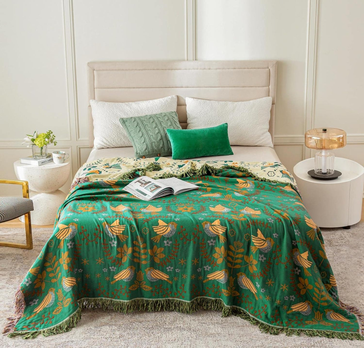 Green Summer Blanket 60''x 80'' Boho Throw Blankets for Couch Bed Chair,100% Cotton Quilts Christmas Warm Soft Blanket Muslin Bed Blankets Farmhouse Decoration