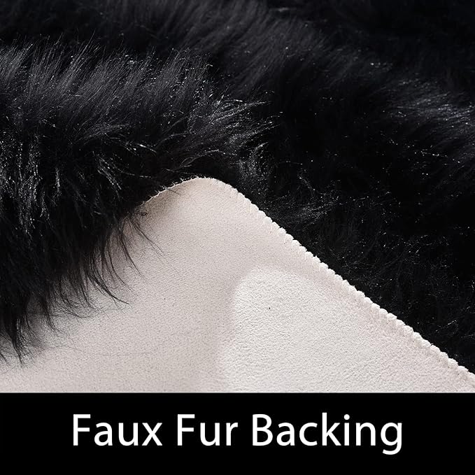 Latepis Black Faux Fur 4'x5'10" Area Rug, Soft Plush Faux Fur Sheepskin Rugs for Living Room, Washable Fluffy Fuzzy Rug for Bedroom and Living Room, Luxury Room Decor, Rectangle