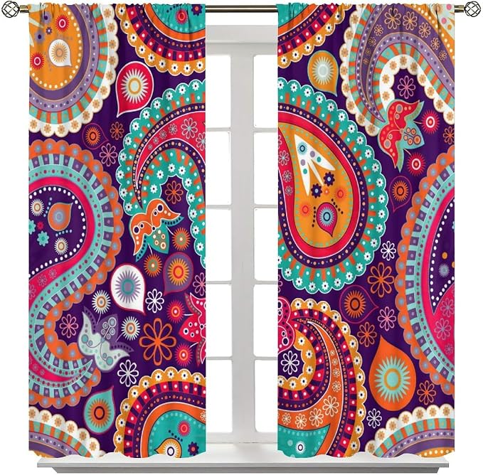 Paisley Blackout Curtains, Bohemian-Style Ethnic Tribal Print Window Treatments, for Bedrooms, Living Rooms and Kitchens.63X63 Inch