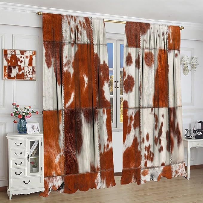 Cowhide Blackout Curtains, Rustic Farmhouse Animal Spotted Brown Cow Texture Print Rod Pocket Curtain Window Treatments 2 Panels Drapes for Kitchen Living Room Bedroom Cafe Decor 55"W X 63"L