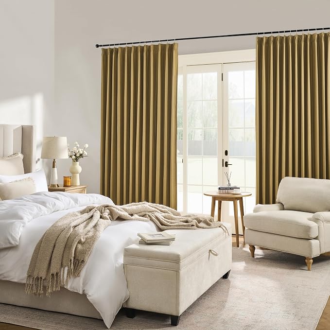 DUALIFE Gold Tan Pinch Pleated Blackout Curtains 92 Inches Long, Back Tab with Hooks, Linen Full Black Out Thermal Insulated Track Curtain for Bedroom Living Room,50 W x 92 L, 2 Panels