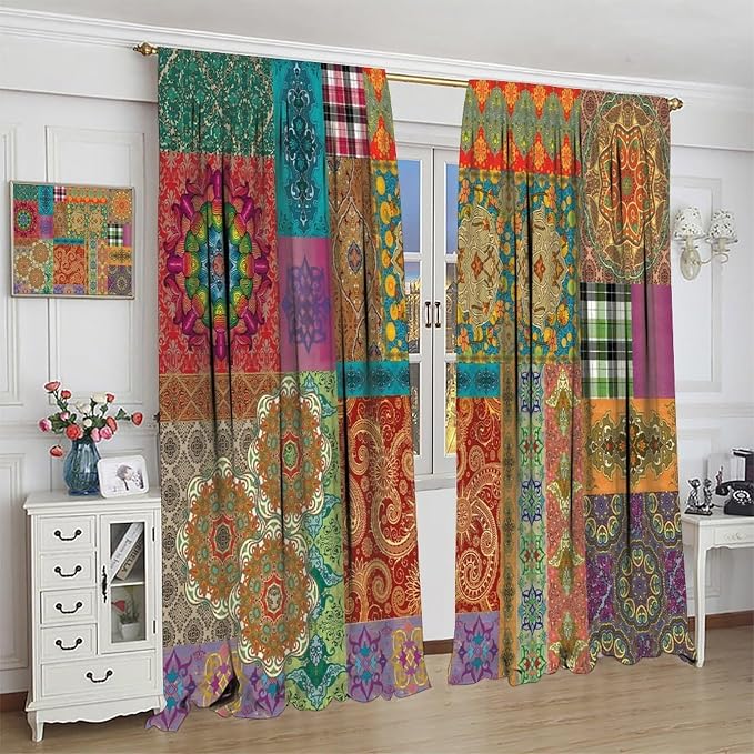 Patchwork Floral Boho Blackout Curtains Vintage Style Colorful Patchwork Design Pattern Art Print Window Drapes for Bedroom Living Room Kitchen Cafe （W26xL84 Inch） x2 Panels