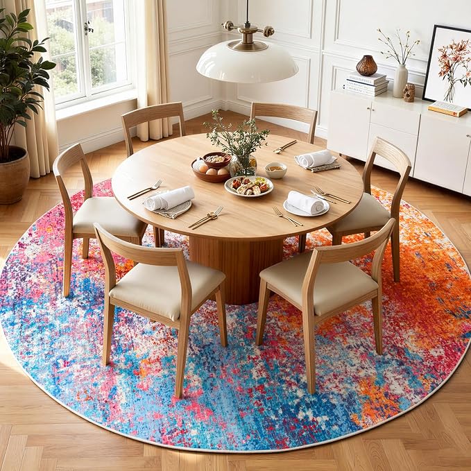 Rugflix Round Area Rugs 8Ft for Living Room, Washable Circle Rug Stain-Resistant Low Pile, Modern Dark Carpet for Bedroom Dining Room Home Office Kid Nursery Room, Rainbow