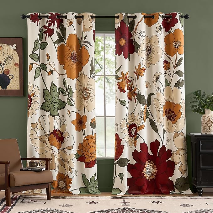 Lazzzy Floral Curtains for Bedroom Living Room Faux Linen Vintage Blackout Curtains 84 Inches Long Room Darkening Drapes Grommet Flower Patterned Window Treatments Set of 2 Panels, 52" x 96", Beige
