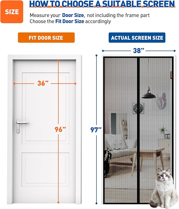 MAGZO Upgraded Magnetic Screen Door Thicker 250g/m² Pet Screen Door Mesh Fit Door Size 36 x 96 Inch, Mesh Size 38" x 97", Heavy Duty Cat Resistant Mesh for Front/Back/Sliding/Patio Door