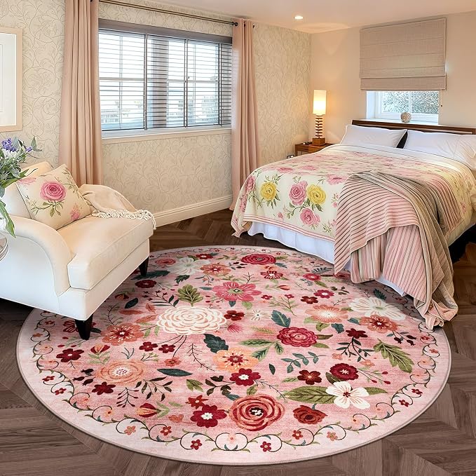 6ft Round Machine Washable Area Rug for Living Room, Dark Pink Vintage Boho Floral Rug Non-Slip Low Pile Soft Faux Wool Carpet Kids and Pets Friendly for Bedroom Nursery Farmhouse Home Decor Rug