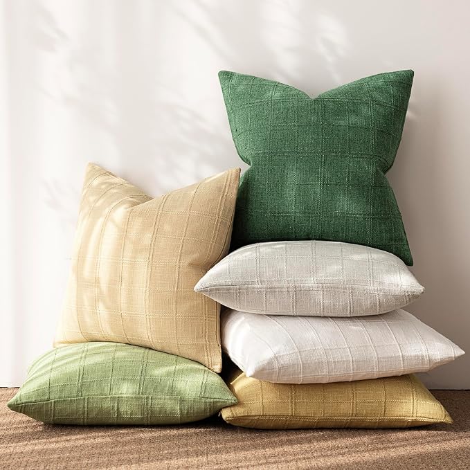 Foindtower Set of 2 Decorative Linen Check Throw Pillow Covers Neutral Farmhouse Vintage Cushion Covers Modern Boho Accent Home Decor for Sofa Chair Couch Bedroom Living Room,16×16 Inch,Forest Green