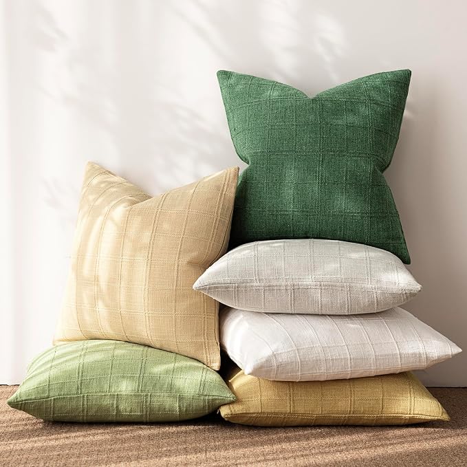 Foindtower Set of 2 Decorative Linen Check Throw Pillow Covers Neutral Farmhouse Vintage Cushion Covers Modern Boho Accent Home Decor for Sofa Chair Couch Bedroom Living Room,18×18 Inch,Forest Green