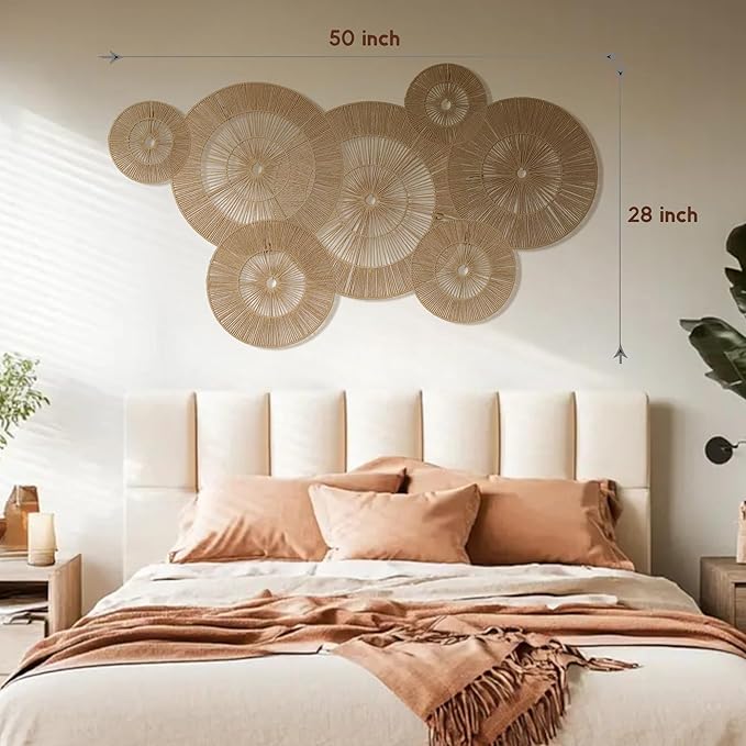 Mokof 7 Pack Boho Wall Baskets Decor Set (17", 15", 13", 11", 9", 7", 7") - Natural Paper Rope Round Wall Art for Living Room, Bedroom, Dining Room, Bohemian Home Decor